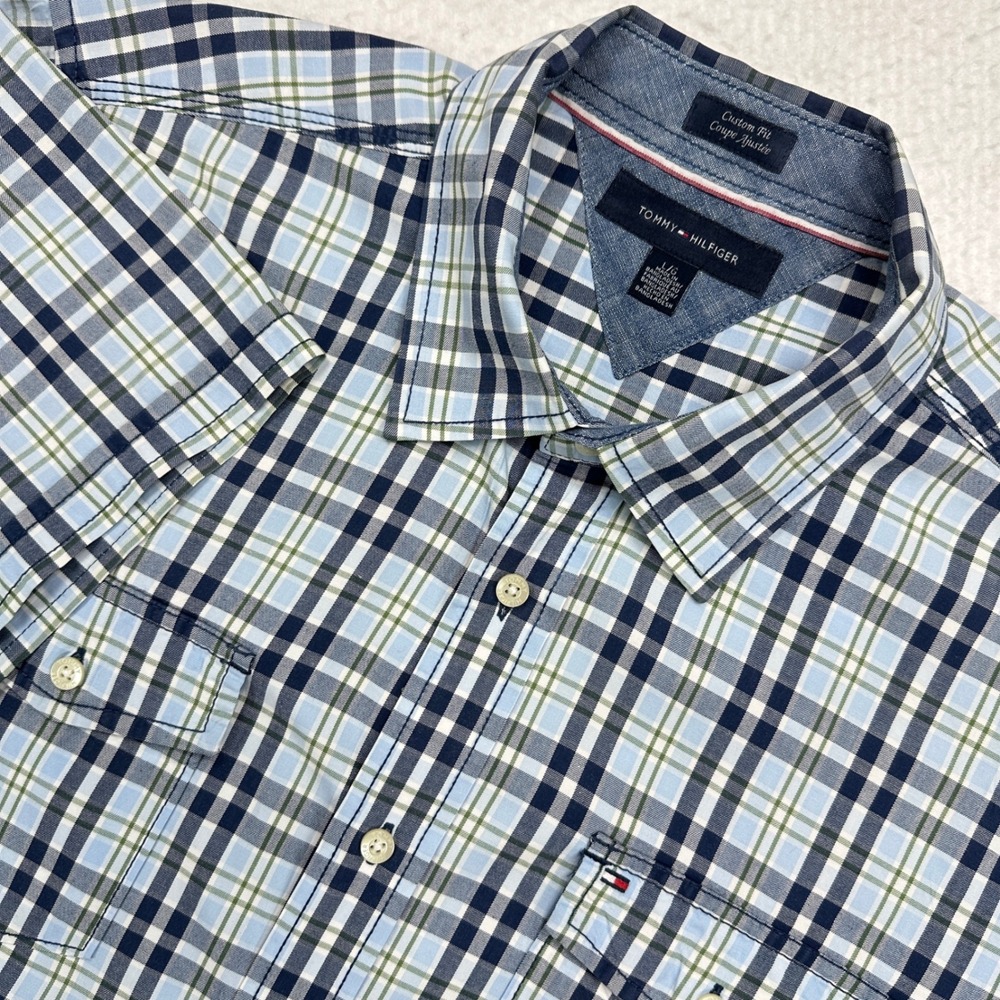Tommy Hilfiger Button Down Shirt Men L Blue Plaid Short Sleeve Custom Fit Cotton